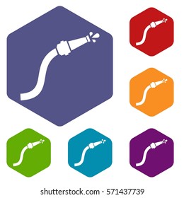 Fire hose with water drops icons set rhombus in different colors isolated on white background