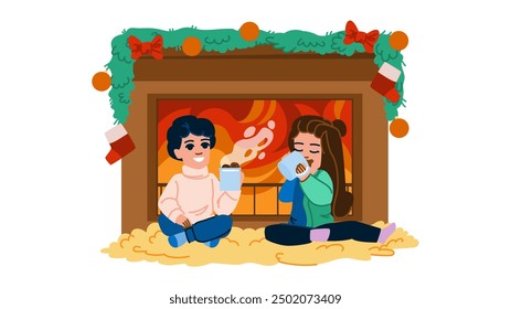 fire hot chocolate fireplace vector. home coffee, mug cup, winter cozy fire hot chocolate fireplace character. people flat cartoon illustration