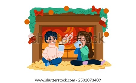 fire hot chocolate fireplace vector. home coffee, mug cup, winter cozy fire hot chocolate fireplace character. people flat cartoon illustration