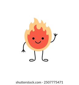 Fire, hot flame with face, cute emoji character. Energy, burn. Happy fire greets and waves. Flat vector kawaii illustration