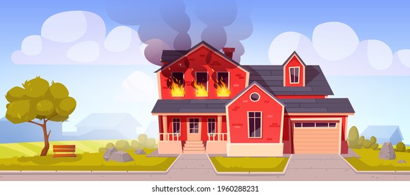 Fire in house, burning two-storey suburban cottage, flame with long tongues in real estate countryside building residential dwelling with garage. Dangerous accident at home Cartoon vector illustration