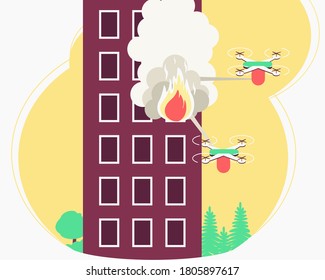 Fire house drone extinguishing for concept design. Smoke and fire come out of the window, the apartment is on fire. Modern technology concept. Top view drone. Flat vector illustration.