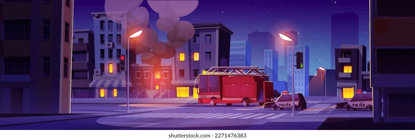 Fire in house, firefighter truck and police car on city street at night. Burning town building with flame in windows, black smoke and red emergency rescue vehicle on road, vector cartoon illustration