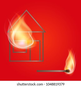 Fire in the house of matches. Realistic vector.