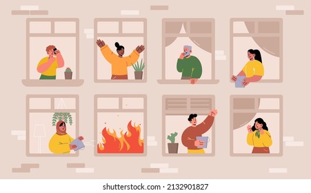 Fire In House With People In Windows, Frightened Neighbors Waving Hands, Yell, Shoot Burning Flame On Smartphone, Pour Water And Ask For Help. Dangerous Accident At Home, Line Art Vector Illustration