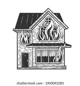 Fire in house sketch engraving vector illustration. T-shirt apparel print design. Scratch board imitation. Black and white hand drawn image.