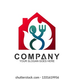 fire house with spoon fork logo, food and cooking vector, restaurant logo, home kitchen
