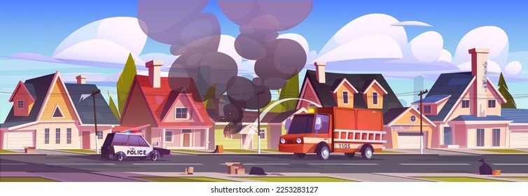 Fire in house vector cartoon illustration. Building burning and smoldering, police car and firefighting truck parked on street. Firefighters pouring water to extinguish flame. Real estate insurance