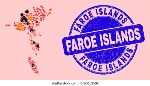 Fire and houses collage Faroe Islands map and Faroe Islands unclean stamp imitation. Vector collage Faroe Islands map is organized with scattered burning villages.