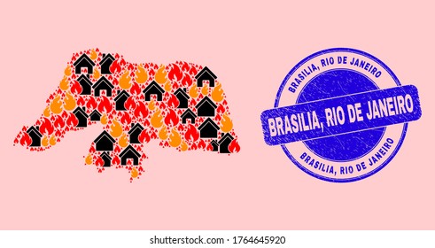 Fire and houses collage Rio Grande do Norte State map and Brasilia, Rio De Janeiro grunge stamp. Vector collage Rio Grande do Norte State map is created from scattered burning houses.