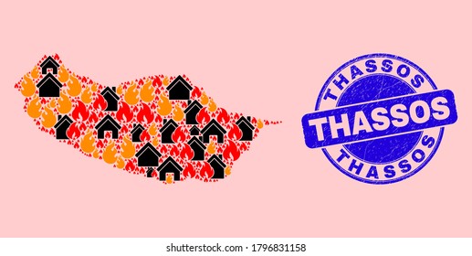 Fire and houses combination Madeira map and Thassos unclean stamp seal. Vector collage Madeira map is designed with random burning towns. Madeira map collage is designed for fire insurance purposes.