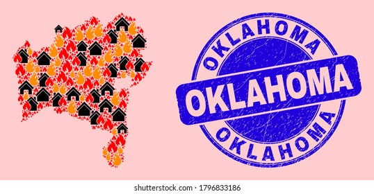 Fire and houses composition Bahia State map and Oklahoma unclean watermark. Vector collage Bahia State map is formed of random burning houses.