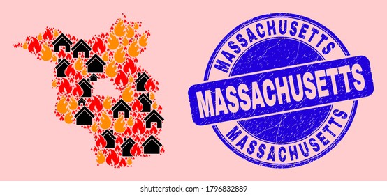 Fire and houses composition Brandenburg Land map and Massachusetts textured stamp seal. Vector collage Brandenburg Land map is designed from scattered burning houses.