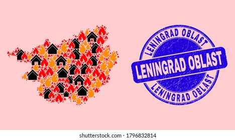 Fire and houses composition Guangxi Province map and Leningrad Oblast rubber seal. Vector collage Guangxi Province map is created with scattered burning houses.