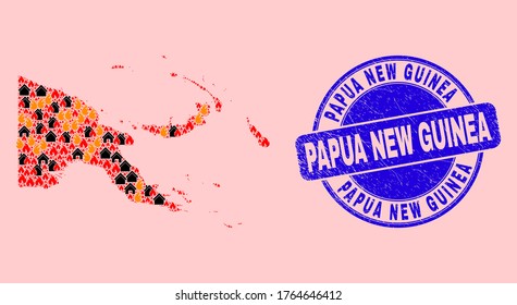 Fire and houses composition Papua New Guinea map and Papua New Guinea unclean stamp print. Vector collage Papua New Guinea map is composed with random burning houses.