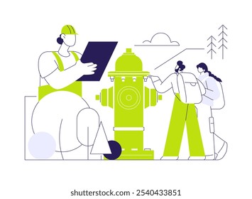 Fire hydrant abstract concept vector illustration. Group of people near fire hydrant, water supply, ecology industry, environmental problem, natural disaster prevention abstract metaphor.