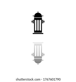 Hydranten. Schwarzes Symbol auf weißem Hintergrund. Einfache Illustration. Flaches Vektorsymbol. Spiegelreflektionsschatten. Kann im Logo-, Web-, Mobil- und UI UX-Projekt verwendet werden