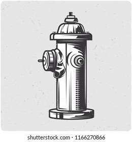 Fire hydrant. Black and white illustration. Isolated on light backgrond with grunge noise and frame.