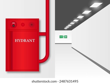 Fire Hydrant Box on Wall in the Building. Red Fire Hydrant. Vector Illustration. 