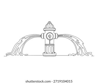 Hidrante de incêndio com água de dois lados. Desenho contínuo de uma linha, ilustração de vetor de objeto utilitário de emergência.
