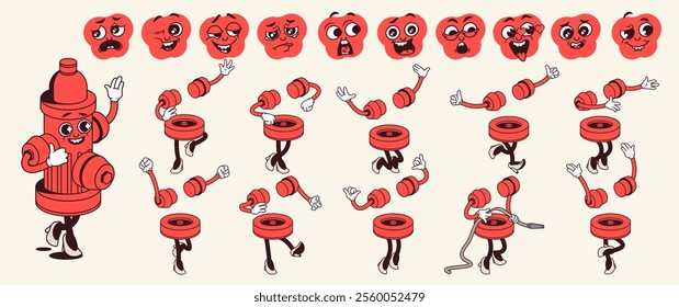 Fire hydrant cartoon character with groovy comic faces set. Funny mascot with bundle of smile, sad, wink, cry, wow, love and other facial emotions, legs poses, hands gestures. Vector illustration.