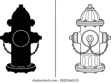 Fire Hydrant Cast Iron with Silhouette and Outline Illustrations Isolated on a White Background for Design Concepts