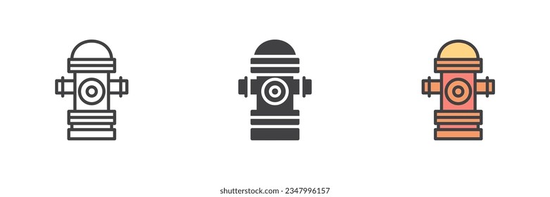 Fire hydrant different style icon set. Line, glyph and filled outline colorful version, outline and filled vector sign. Symbol, logo illustration. Vector graphics