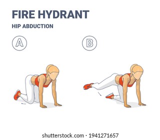 Fire Hydrant Exercise, Female Home Workout Routine Guidance. Colorful Concept of Girl Hip Abduction Home Workout a Young Woman in Sportswear top, sneakers, and white leggings do the fitness exercise.