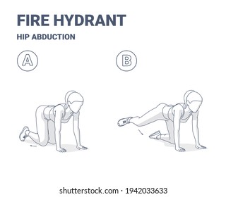 Fire Hydrant Exercise, Female Home Workout Routine Guidance. Outline Concept of Girl Hip Abduction Home Workout a Young Woman in Sportswear top, sneakers, and leggings do the fitness exercise.