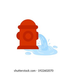 Fire hydrant. Flat cartoon illustration. Red icon of fire fighting tool. Jet of water. Leak and puddle