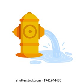 Fire hydrant. Flat cartoon illustration. Yellow icon of fire fighting tool. Jet of water. Leak and puddle