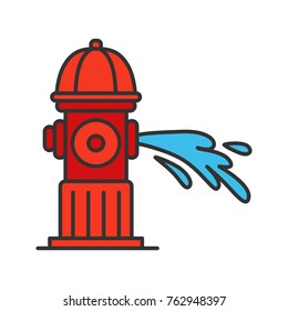 Fire hydrant gushing water color icon. Fireplug. Isolated vector illustration