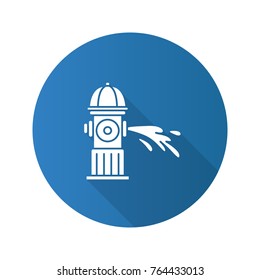 Fire hydrant gushing water flat design long shadow glyph icon.  Fireplug. Vector silhouette illustration