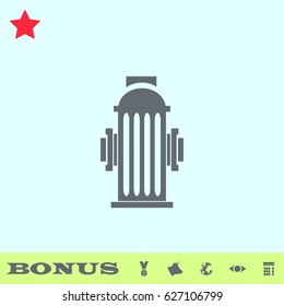 Fire hydrant icon flat. Grey pictogram on blue background. Vector illustration symbol and bonus buttons medal, cow, earth, eye, calculator