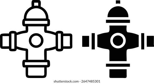 Fire Hydrant Icon Set – Black and White Emergency Water Symbol Vector Illustration