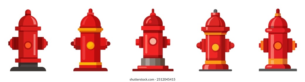 Fire hydrant icon. Set of red fire hydrant icons isolated on white background. Vector illustration