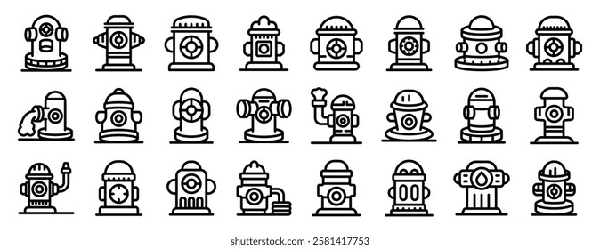  Fire hydrant icons set. Line icons representing fire hydrants, essential for firefighting and urban safety