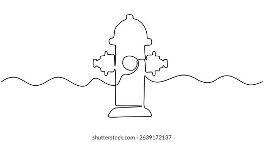 Fire hydrant isolated on white background. One line continuous fire hydrant. Line art outline vector illustration, Single continuous line drawing jets of water that came out of the hydrant.