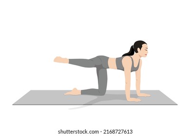 Fire Hydrant Pose Variation. Beautiful girl practice Dandayamana Bharmanasana Variation Leg To Side. Young attractive woman practicing yoga exercise. working out, black wearing sportswear, grey pants