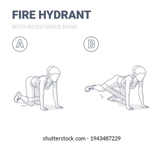 Fire Hydrant with Resistance Band Exercise, Female Home Workout Routine Guidance. Outline Concept of Girl Hip Abduction Home Workout a Young Woman in Sportswear and sneakers do the fitness exercise