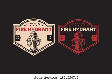 Fire hydrant retro badge logo set for firefighting. Street water hydrant vintage patch illustration pack for infrastructure. Fireplug rustic emblem elements for industrial