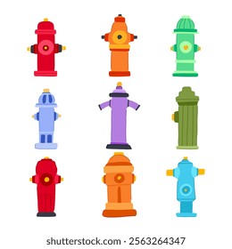 fire hydrant set cartoon. safety red, emergency valve, metal street fire hydrant sign. isolated symbol vector illustration