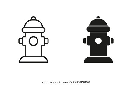 Fire Hydrant Silhouette and Line Icon Set. Fire Extinguishing Hydrant Black Sign Collection. Isolated Vector Illustration.