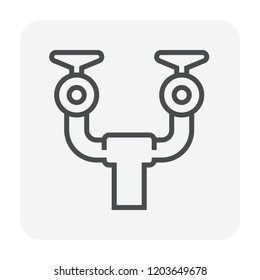 Fire hydrant vector icon consist of main pipe, adapter, valve control, plug or fireplug for fire department, firefighter. To deliver supply flow water by hose at outdoor, street, city. 64x64 pixel.