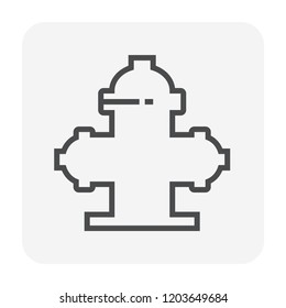 Fire hydrant vector icon consist of main pipe, adapter, plug or fireplug for fire department, firefighter. To deliver supply flow water by hose, open valve at outdoor, street, city. 64x64 pixel.