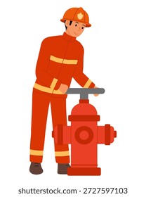 Hidrante de incêndio com água para extinguir incêndios. Serviço especial de resgate. Bombeiro em macacão vira válvula da bomba de água.