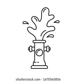 Fire hydrant with water fountain. Linear icon of gushing fireplug. Black illustration of street aqua pipe. Contour isolated vector on white background. Explosion or cleaning of water supply