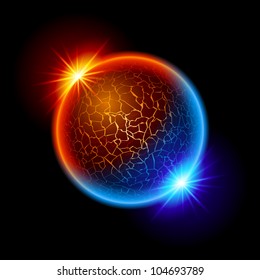 Fire and Ice Ball Planet with Two Stars. Illustration on black background