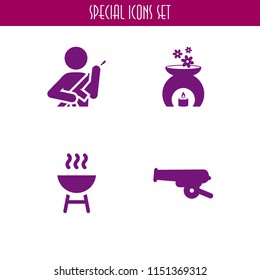fire icon. 4 fire set with bbq, candle, gun and war vector icons for web and mobile app