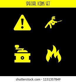 fire icon. 4 fire set with war, flame, grinder and warning vector icons for web and mobile app
